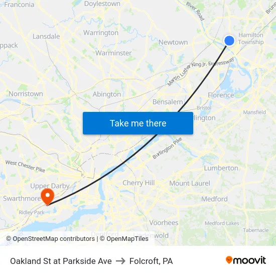 Oakland St at Parkside Ave to Folcroft, PA map