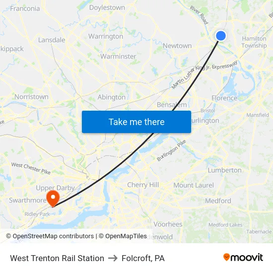 West Trenton Rail Station to Folcroft, PA map
