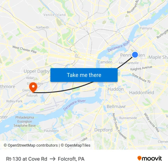 Rt-130 at Cove Rd to Folcroft, PA map