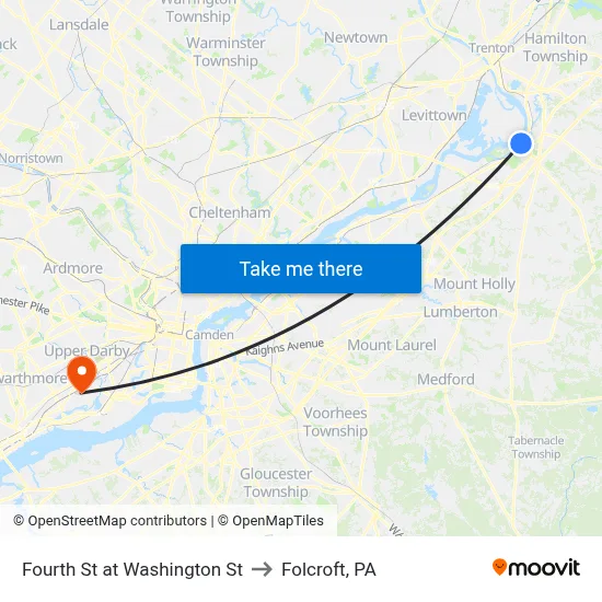 Fourth St at Washington St to Folcroft, PA map