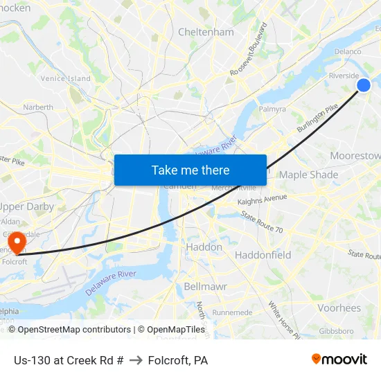 Us-130 at Creek Rd # to Folcroft, PA map