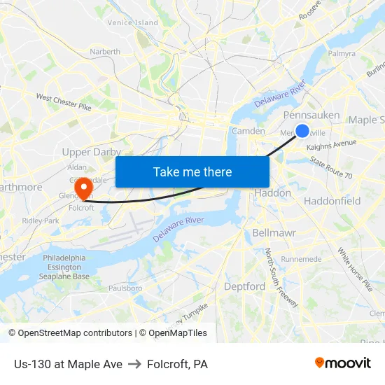 Us-130 at Maple Ave to Folcroft, PA map