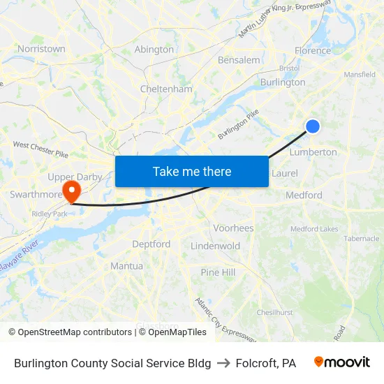 Burlington County Social Service Bldg to Folcroft, PA map