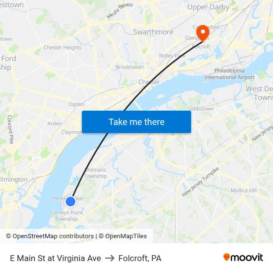 E Main St at Virginia Ave to Folcroft, PA map