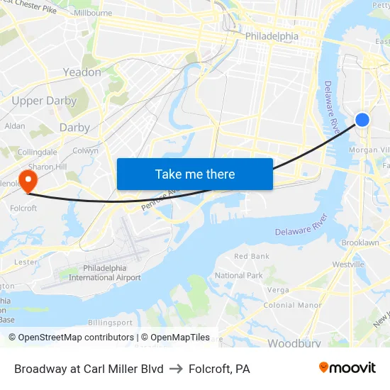 Broadway at Carl Miller Blvd to Folcroft, PA map