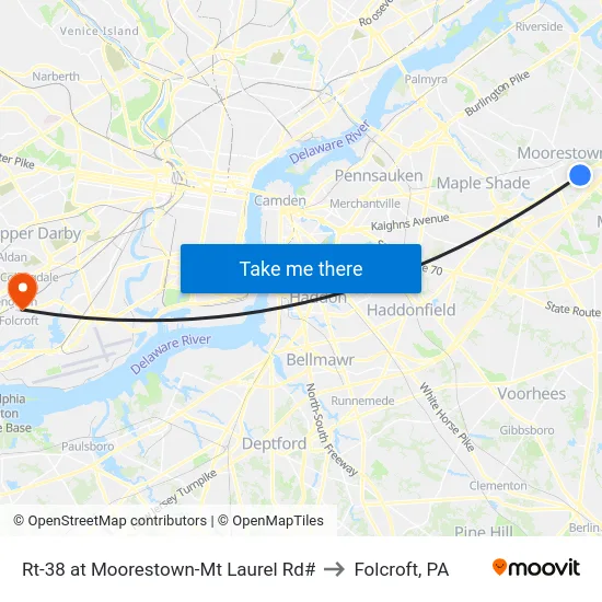 Rt-38 at Moorestown-Mt Laurel Rd# to Folcroft, PA map