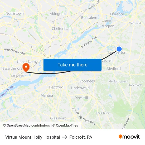 Virtua Mount Holly Hospital to Folcroft, PA map