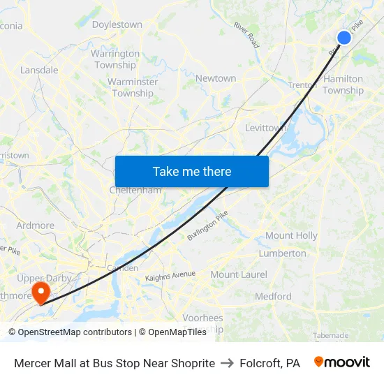 Mercer Mall at Bus Stop Near Shoprite to Folcroft, PA map