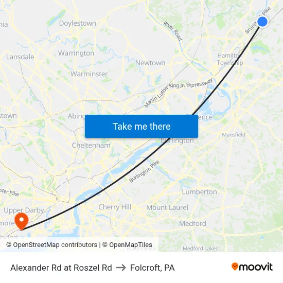 Alexander Rd at Roszel Rd to Folcroft, PA map
