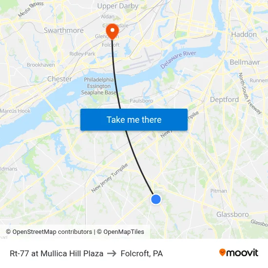 Rt-77 at Mullica Hill Plaza to Folcroft, PA map
