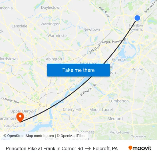 Princeton Pike at Franklin Corner Rd to Folcroft, PA map