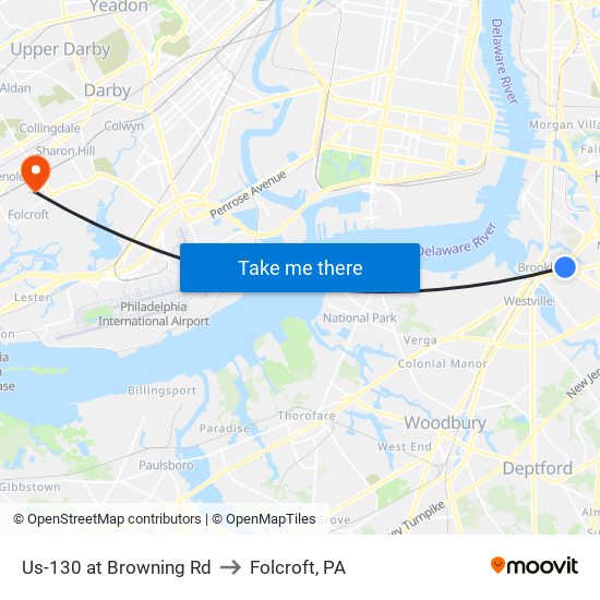 Us-130 at Browning Rd to Folcroft, PA map