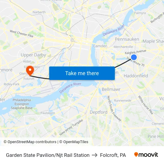 Garden State Pavilion/Njt Rail Station to Folcroft, PA map