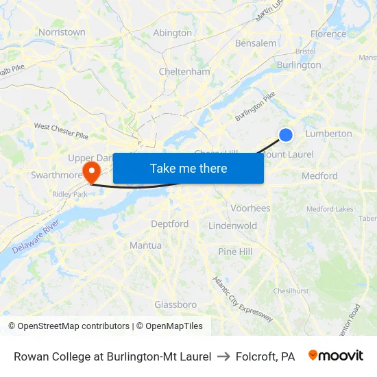 Rowan College at Burlington-Mt Laurel to Folcroft, PA map