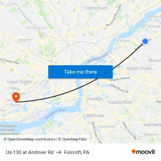 Us-130 at Andover Rd to Folcroft, PA map