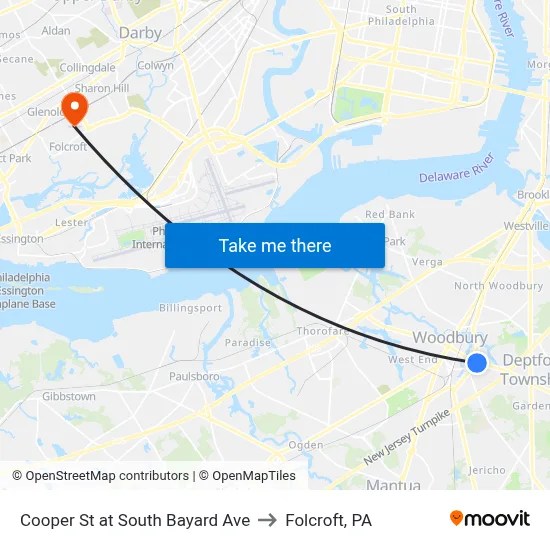 Cooper St at South Bayard Ave to Folcroft, PA map