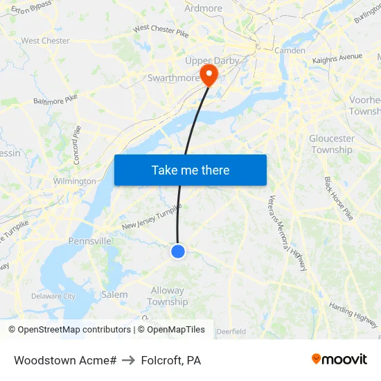 Woodstown Acme# to Folcroft, PA map