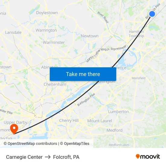 Carnegie Center to Folcroft, PA map