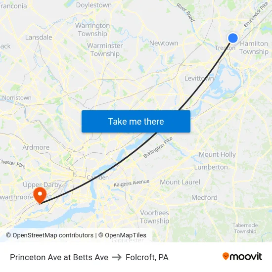 Princeton Ave at Betts Ave to Folcroft, PA map