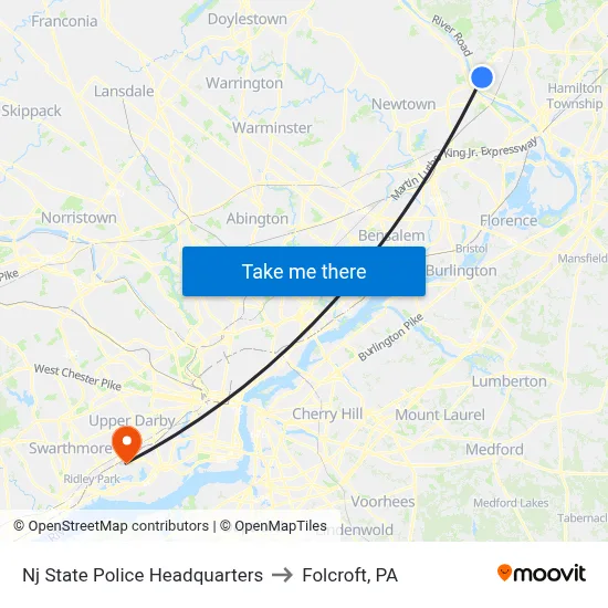Nj State Police Headquarters to Folcroft, PA map