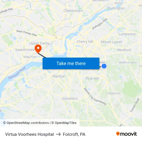 Virtua Voorhees Hospital to Folcroft, PA map