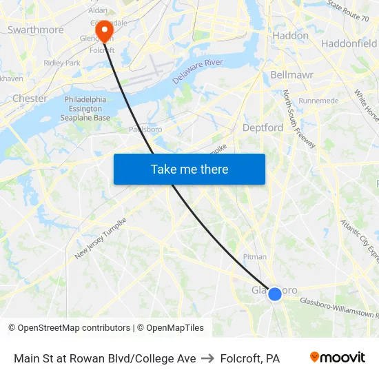 Main St at Rowan Blvd/College Ave to Folcroft, PA map