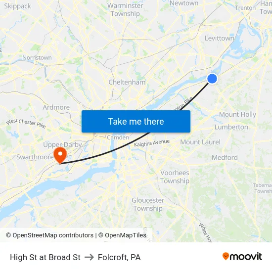 High St at Broad St to Folcroft, PA map