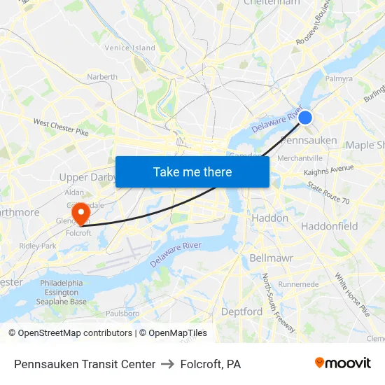 Pennsauken Transit Center to Folcroft, PA map
