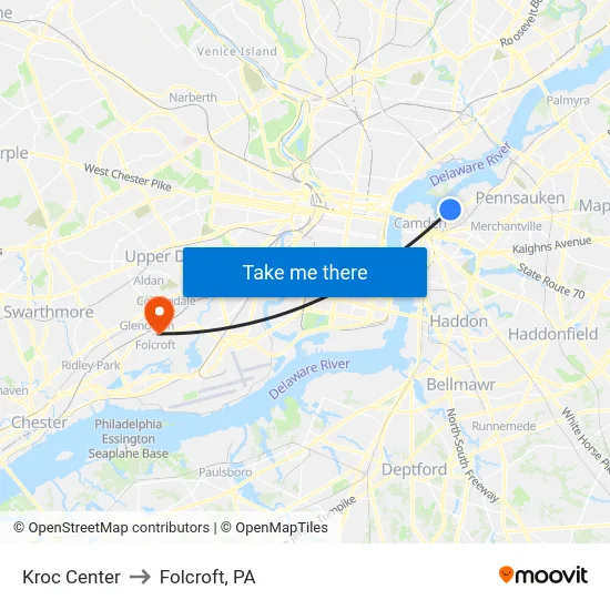 Kroc Center to Folcroft, PA map