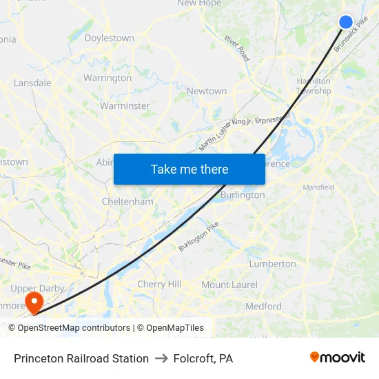 Princeton Railroad Station to Folcroft, PA map