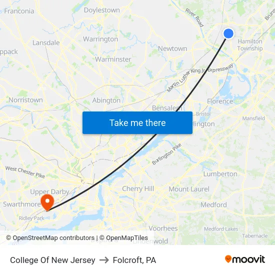 College Of New Jersey to Folcroft, PA map