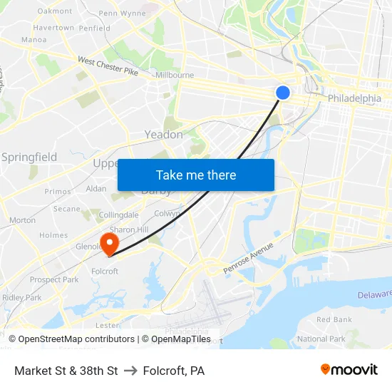Market St & 38th St to Folcroft, PA map