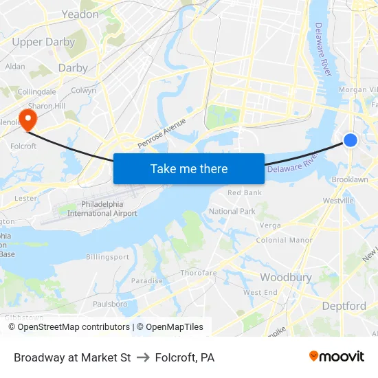 Broadway at Market St to Folcroft, PA map