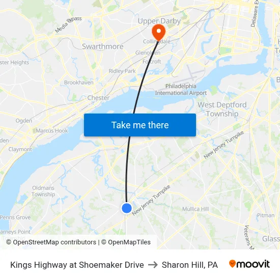 Kings Highway at Shoemaker Drive to Sharon Hill, PA map