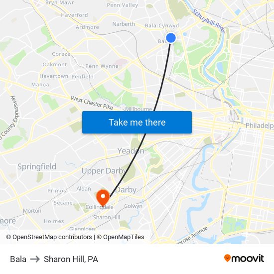 Bala to Sharon Hill, PA map