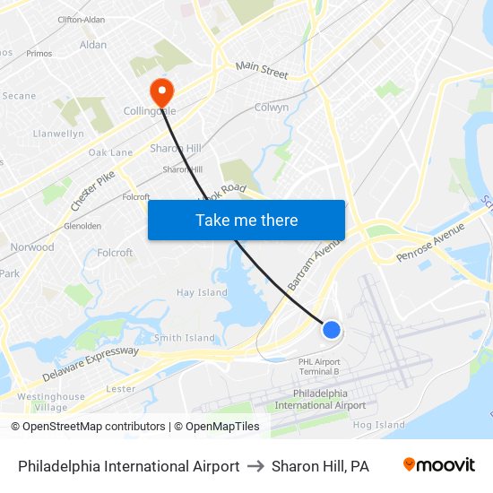 Philadelphia International Airport to Sharon Hill, PA map