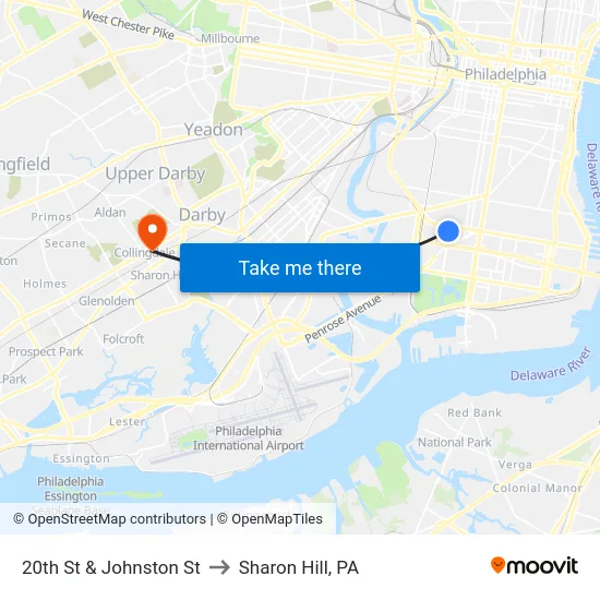 20th St & Johnston St to Sharon Hill, PA map
