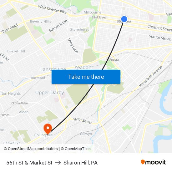 56th St & Market St to Sharon Hill, PA map