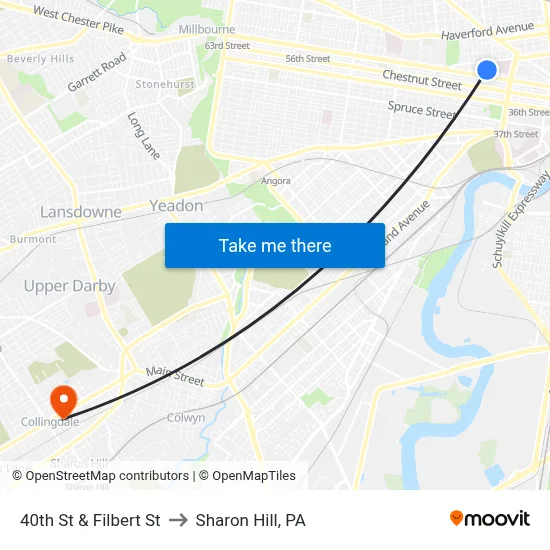 40th St & Filbert St to Sharon Hill, PA map