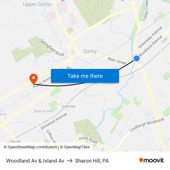 Woodland Av & Island Av to Sharon Hill, PA map