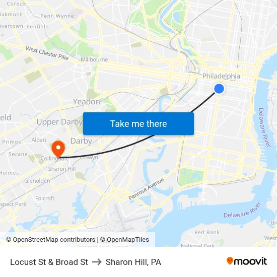 Locust St & Broad St to Sharon Hill, PA map