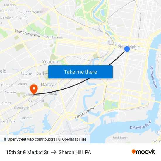 15th St & Market St to Sharon Hill, PA map