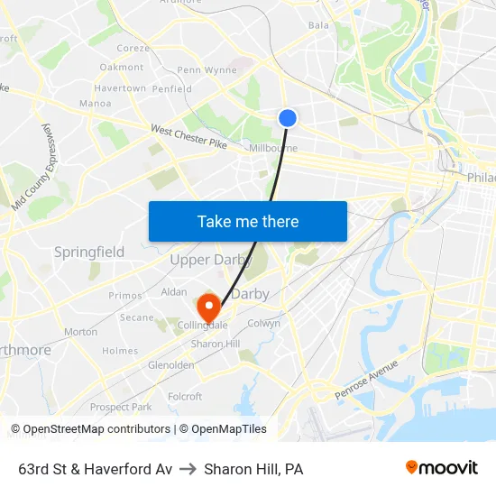 63rd St & Haverford Av to Sharon Hill, PA map
