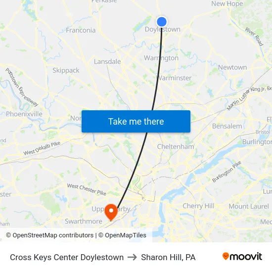 Cross Keys Center Doylestown to Sharon Hill, PA map
