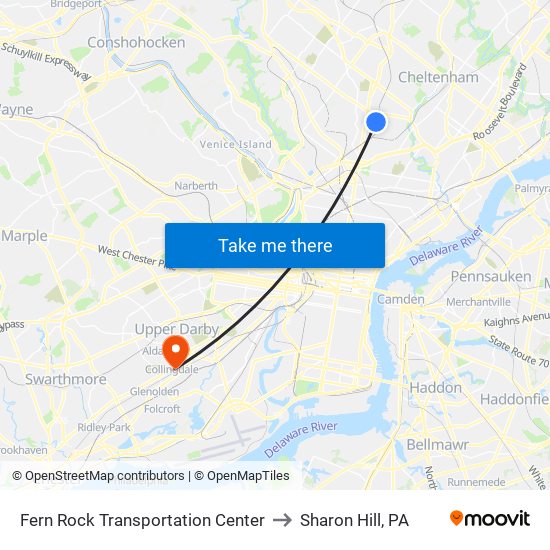 Fern Rock Transportation Center to Sharon Hill, PA map