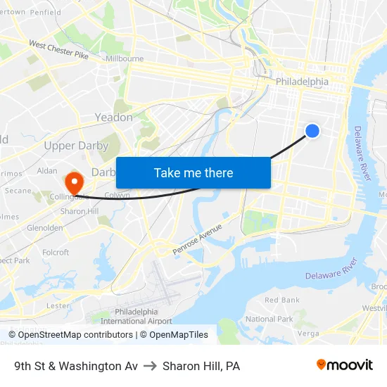 9th St & Washington Av to Sharon Hill, PA map