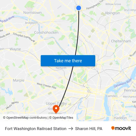 Fort Washington Railroad Station to Sharon Hill, PA map