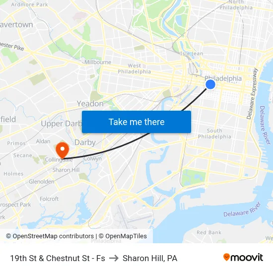 19th St & Chestnut St - Fs to Sharon Hill, PA map