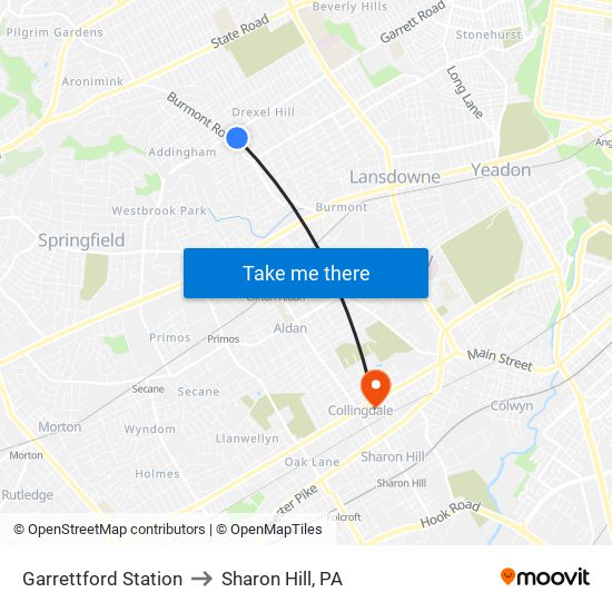 Garrettford Station to Sharon Hill, PA map