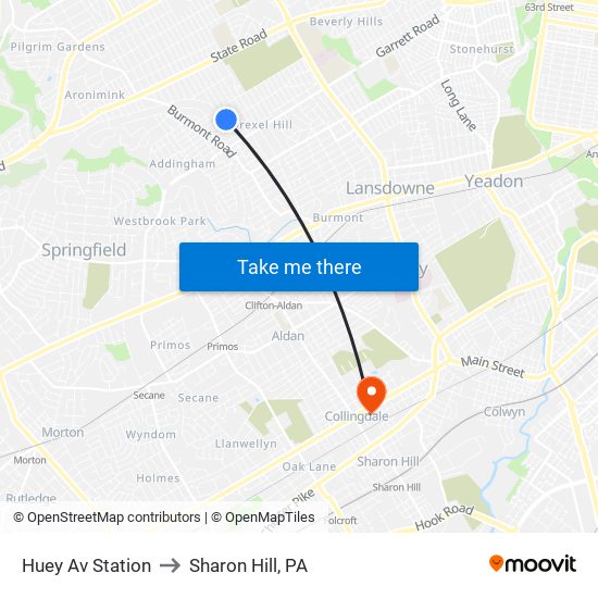 Huey Av Station to Sharon Hill, PA map